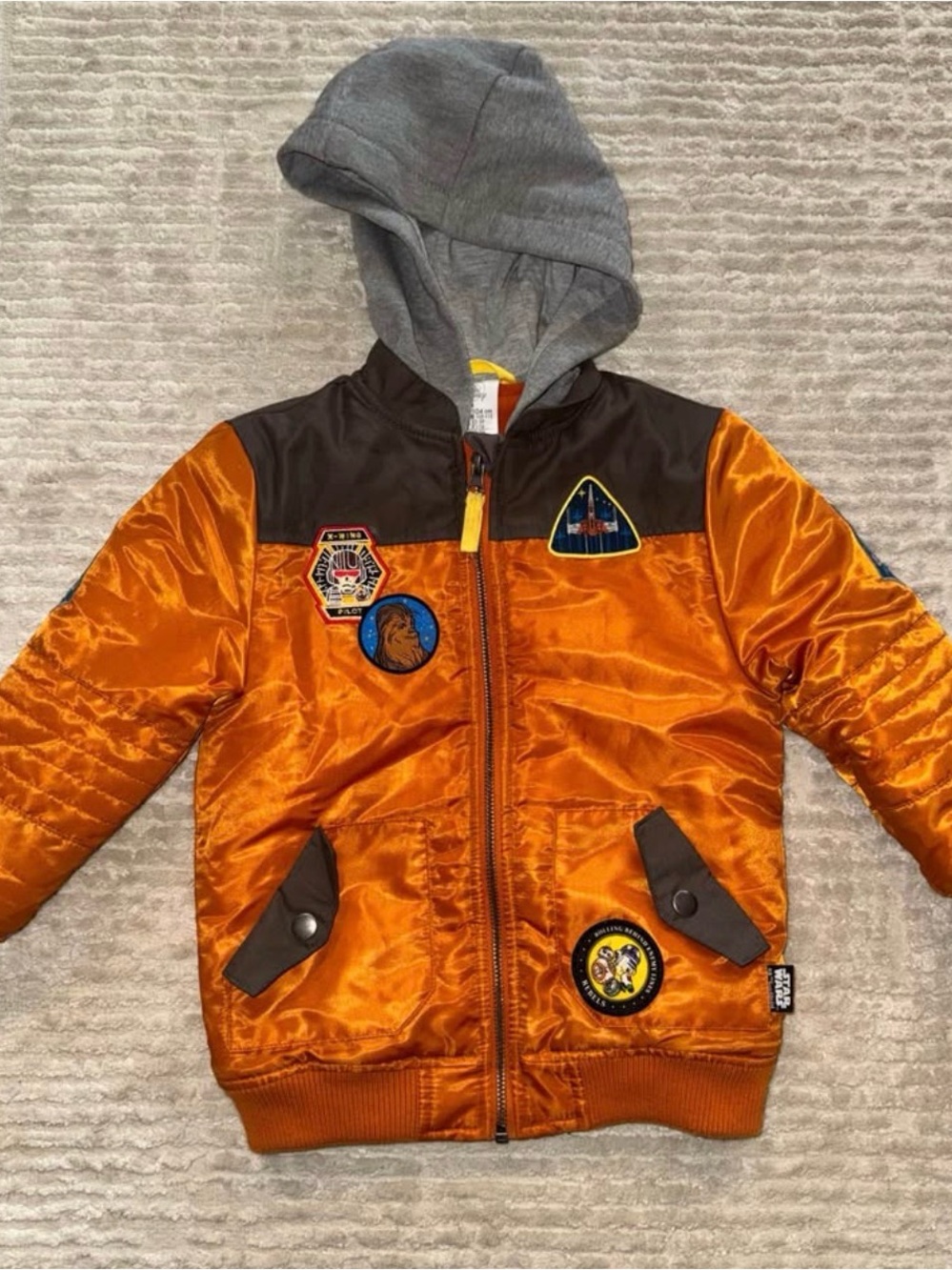 Disney Orange and Gray Hooded Bomber Jacket with Patches